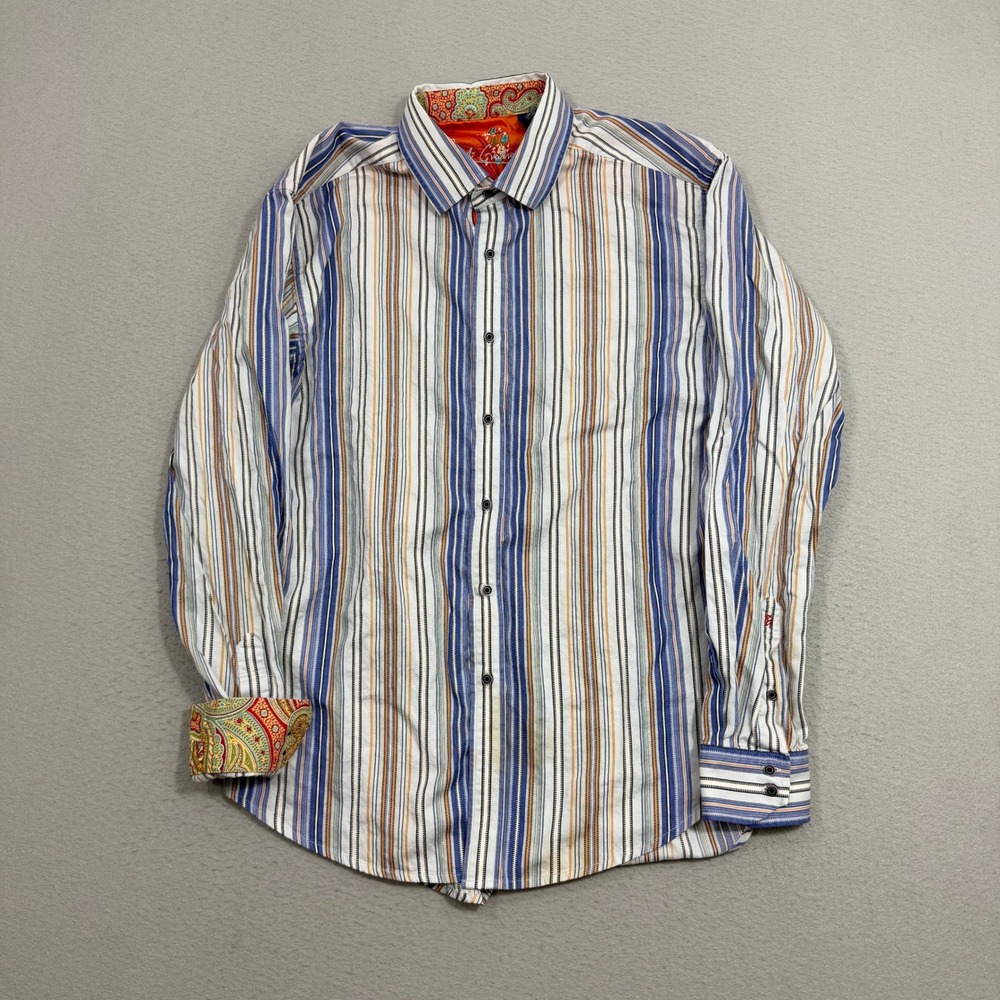 Robert Graham Button Shirt Large Blue Striped Paisley Trim Long Sleeve Flip Cuff